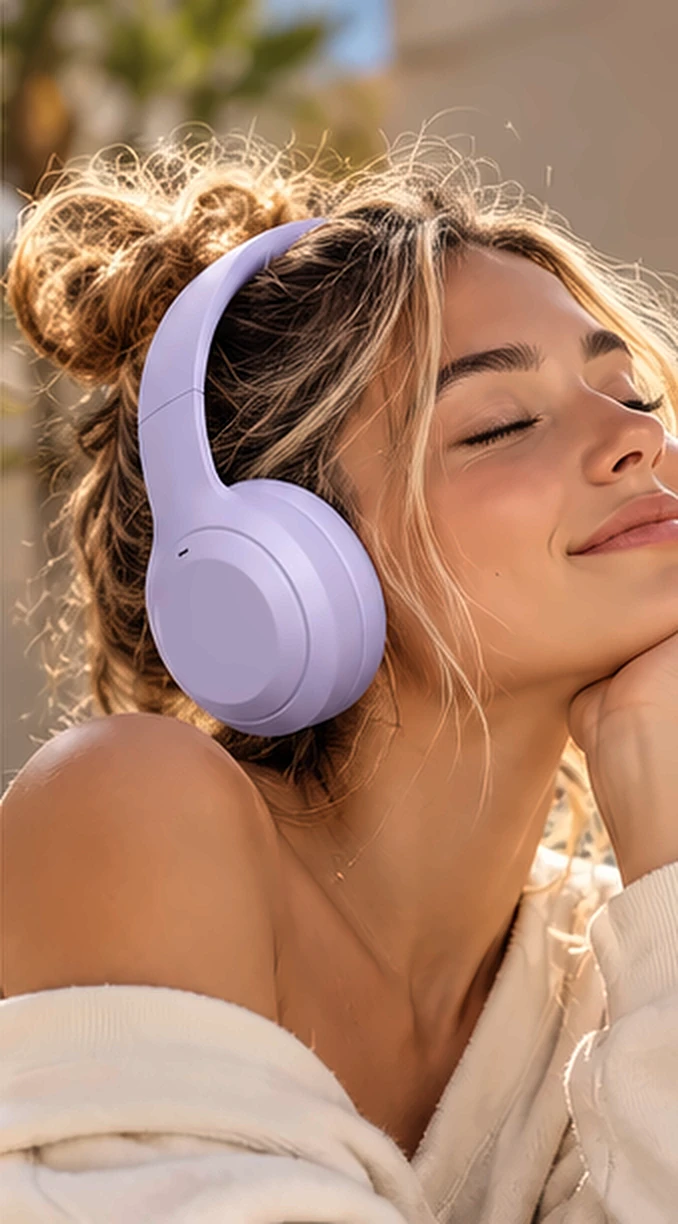 Woman relaxing in lavender Cloudpuff headphones